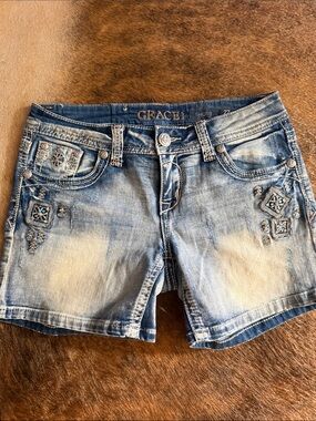 Grace Light Blue Embroidered Denim Shorts